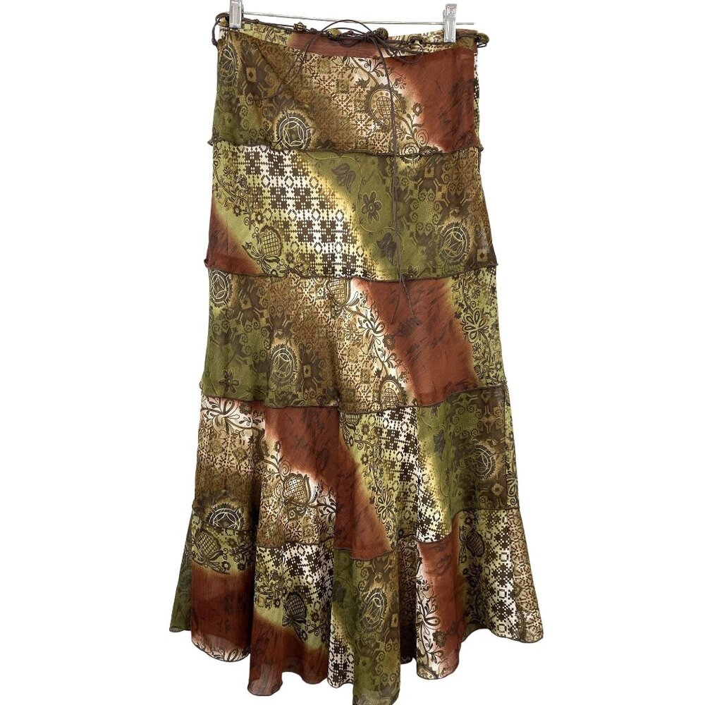 Scott Taylor 8 Boho Asymmetrical CottageCore Patchwork Tiered Skirt Green Brown